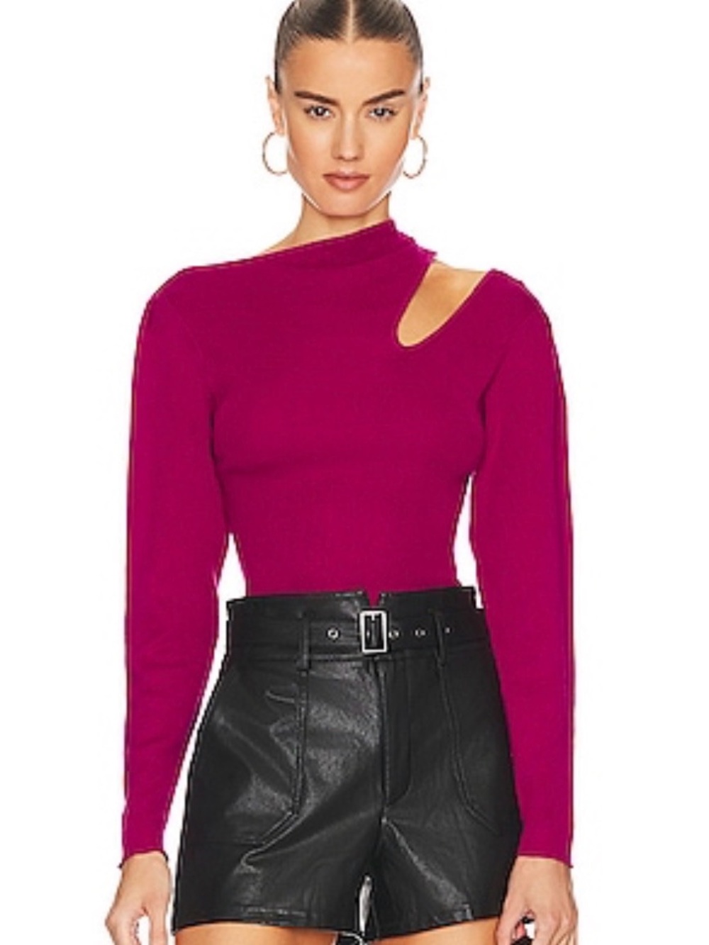 BCBG Magenta Off-Shoulder Cutout Ribbed Sweater